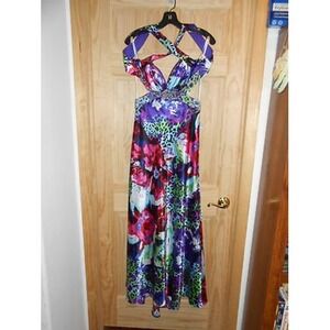 NEW deb Long Formal X Straps Open Back Dress 5/6 Purple Pink animal Print SEXY!!